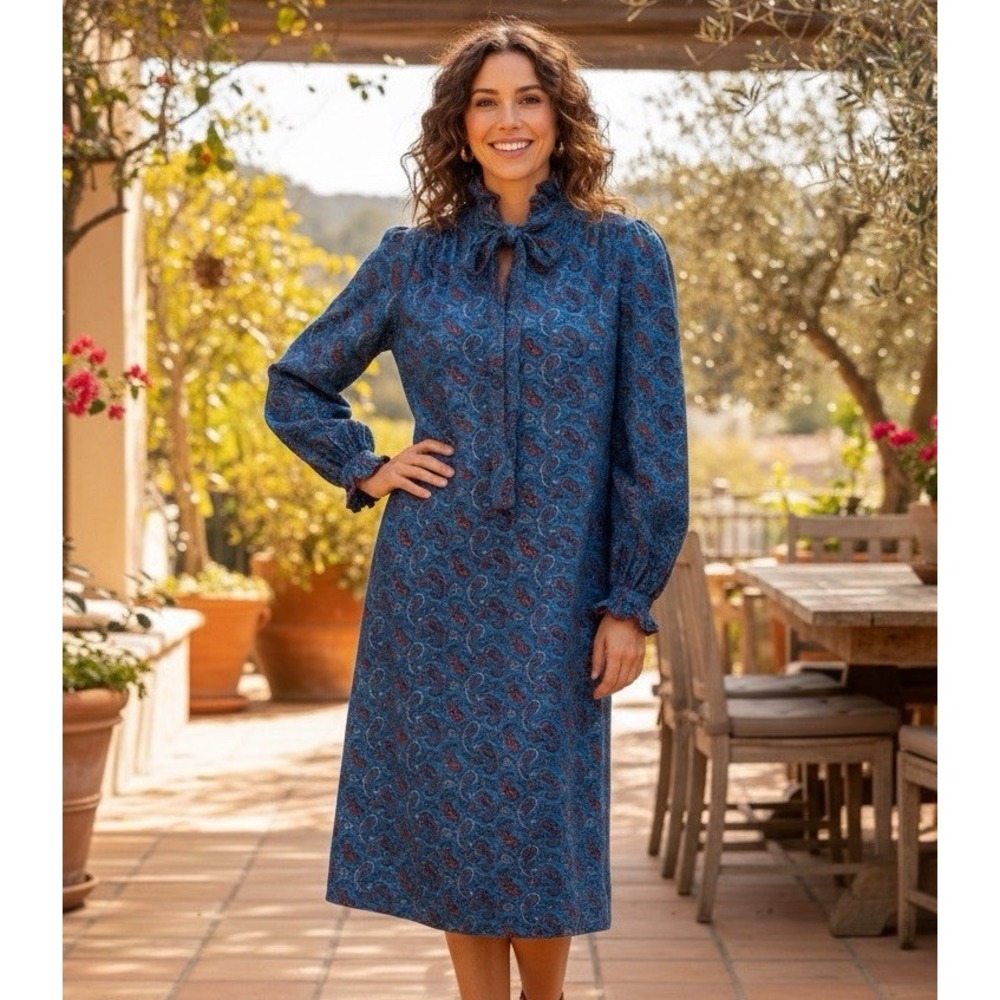 Vintage Schrader Sport Paisley Dress ILGWU Union‎ Made Blue Old $ Romantic